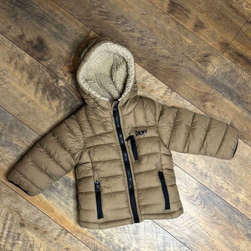 DKNY Tan Fleece-Lined Puffer Jacket with Hood, 3T